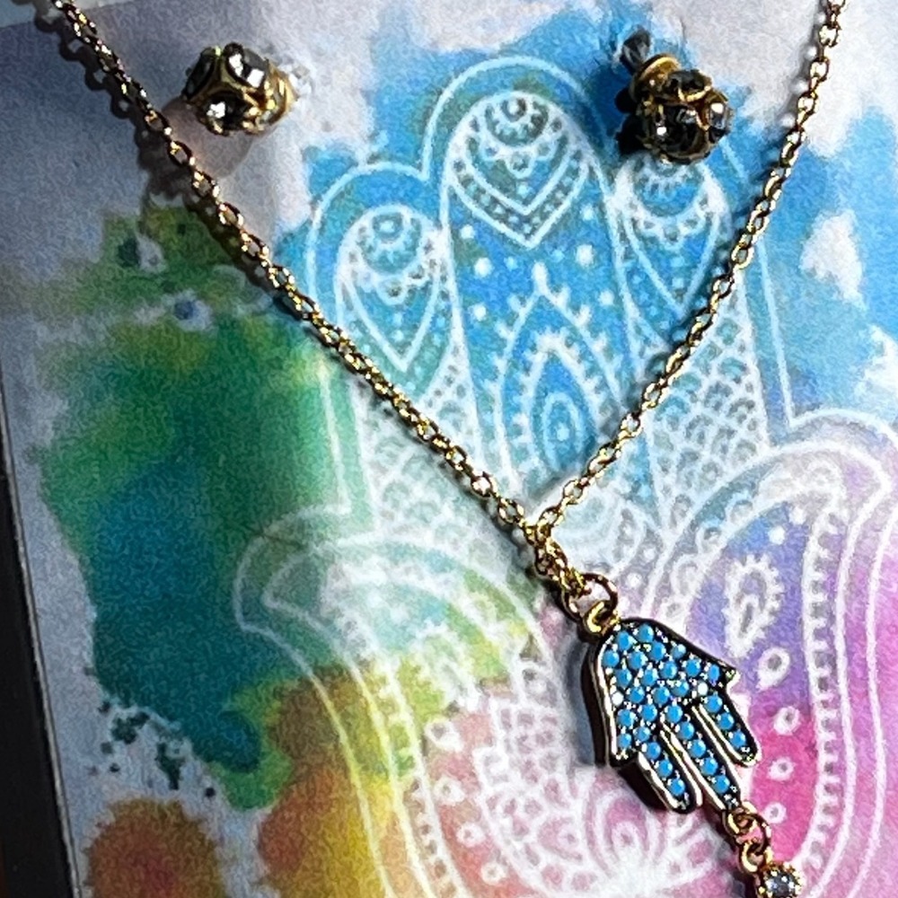 Hamsa Hand Necklace Earrings Set Turquoise Evil Eye Gold Tone Studs Jewelry